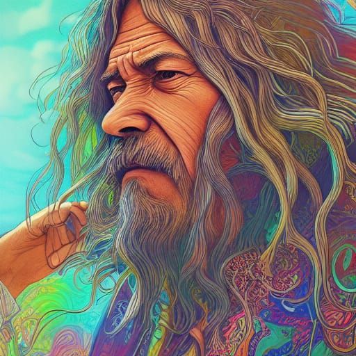 portrait of an old hippie, hyperdetailed; intricate, elegant ...