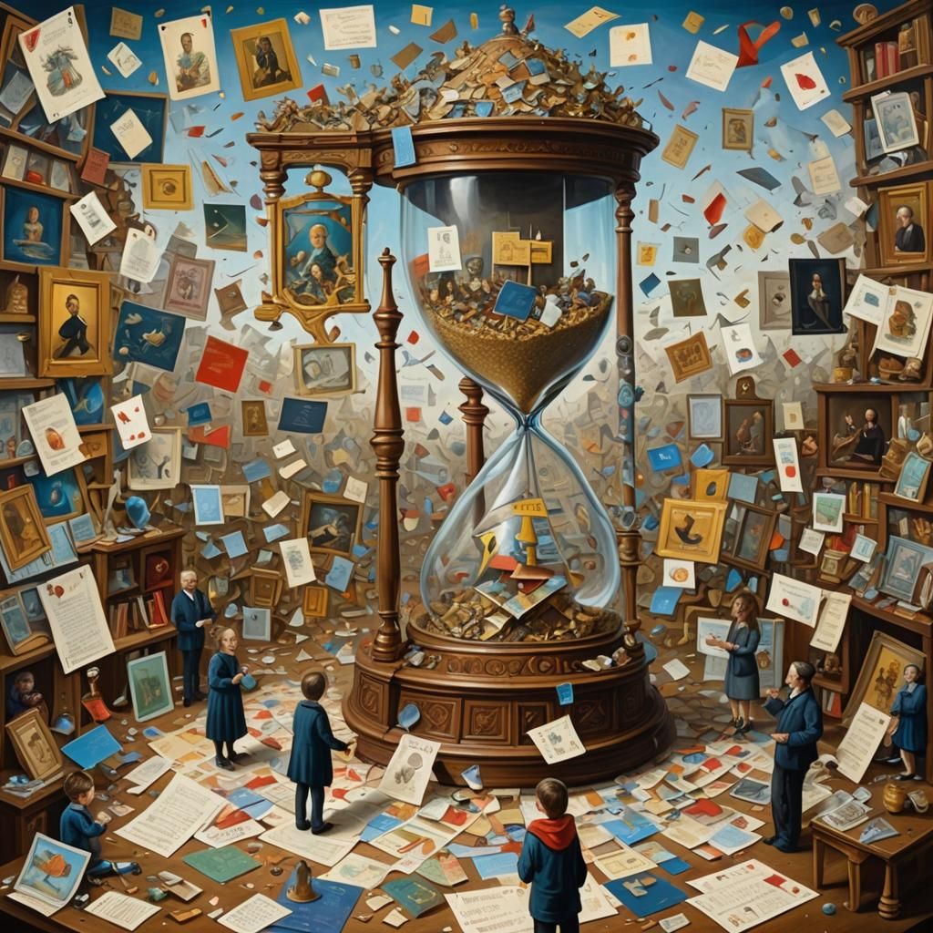 Gigantic pictionary with an hourglass with two small people in relation to the hourglass and giant collage ...  by @Helent