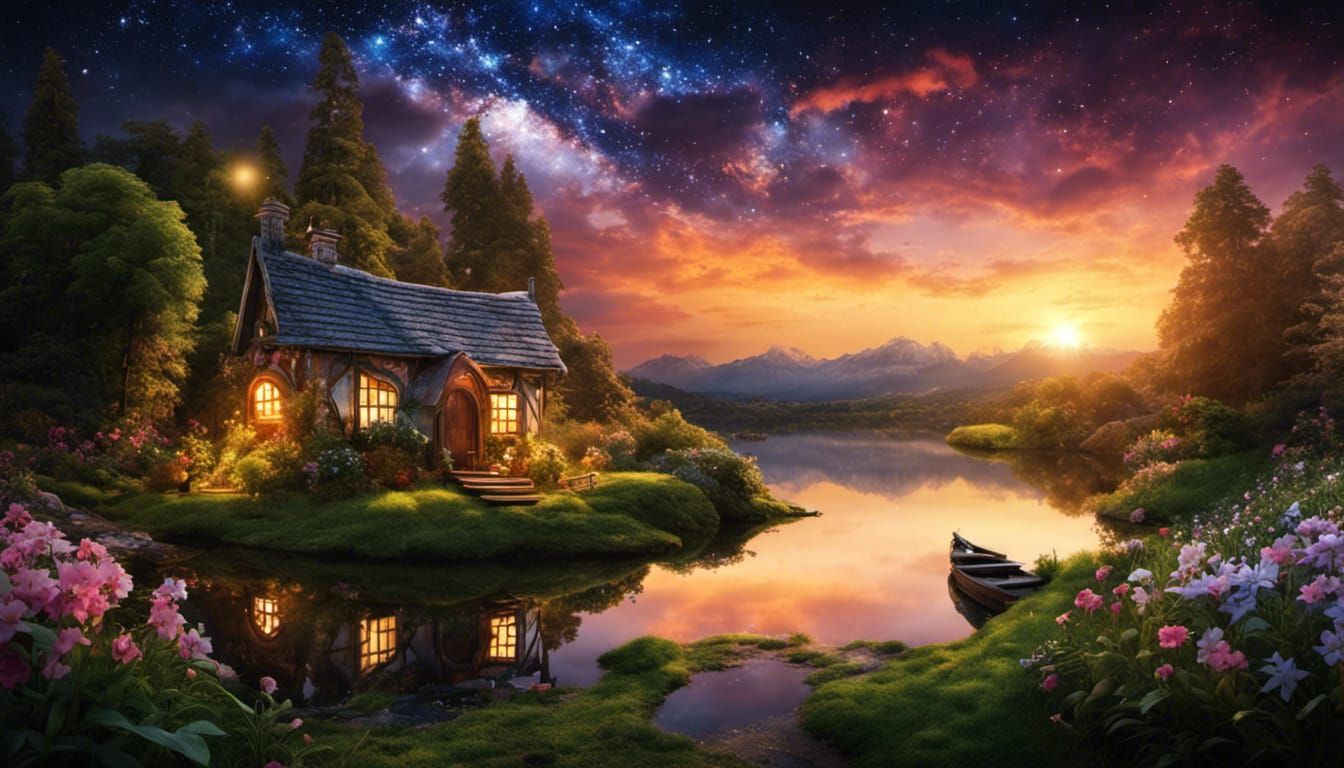 Starry Sunset at Enchanted Wonderland with tiny cottage and lake and flower garden-2822  by @Don1944