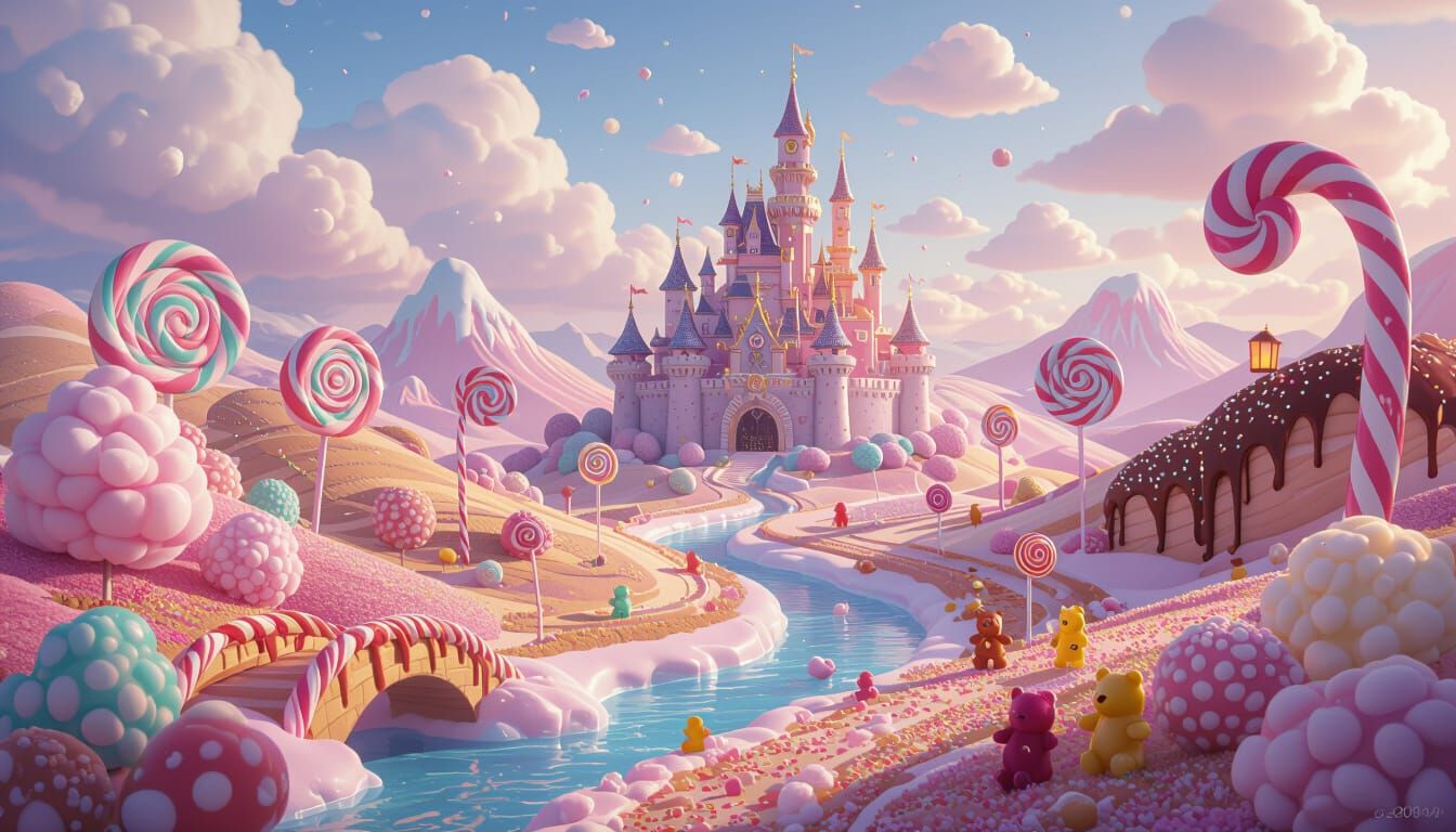 A whimsical fantasy landscape made entirely of candy and sweets. Rolling hills of cotton candy stretch ...  by @AllAboutEveryone