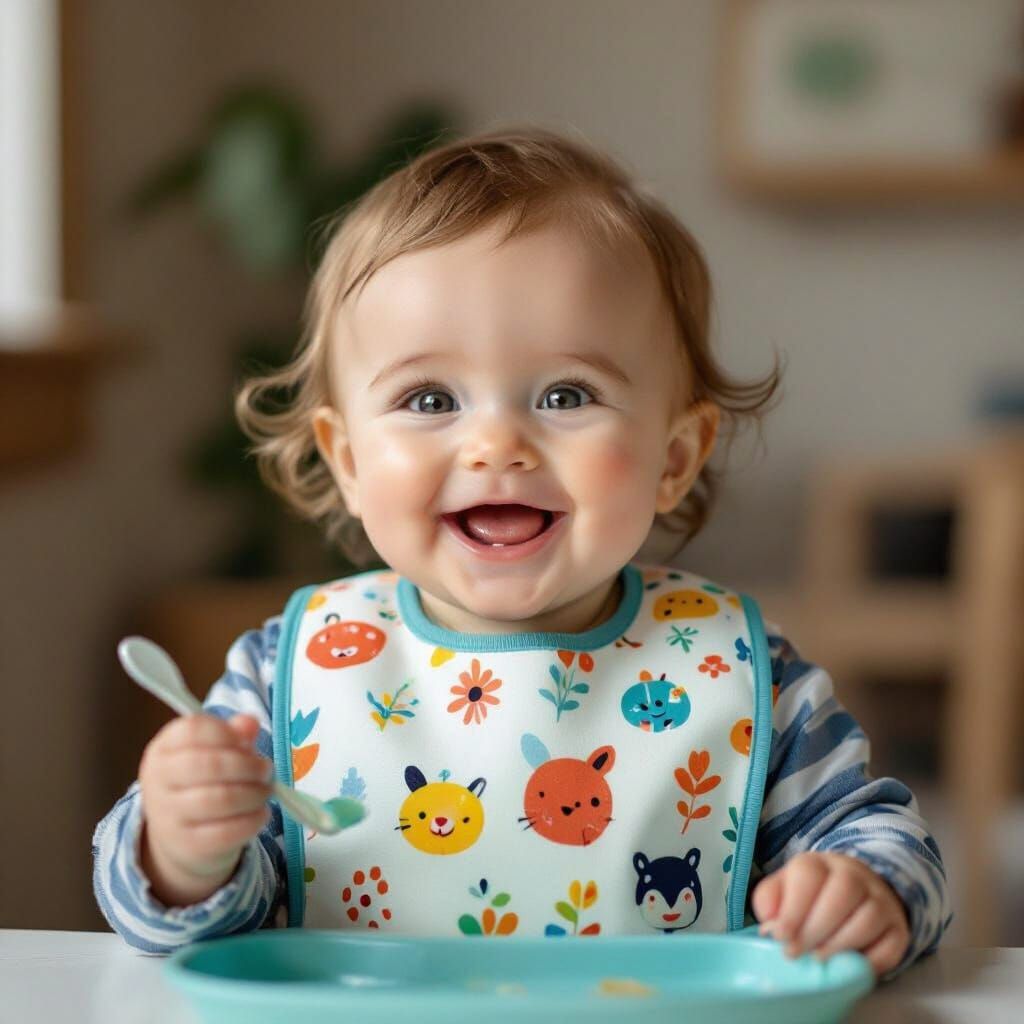 a child of 6-8 months in a bib with an open mouth and a smile holds a spoon in his hand
