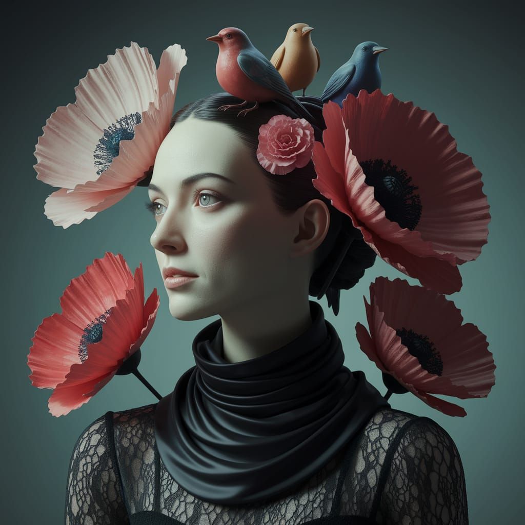 Surreal Woman Portrait Surrounded by Poppies and Birds