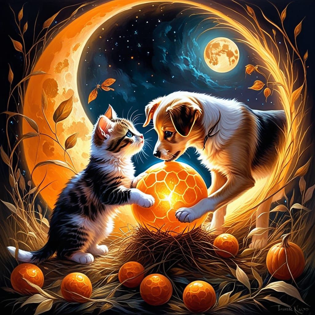 A cute puppy and kitten affectionately touching each other