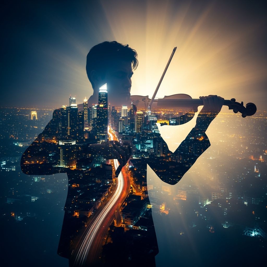Violinist Merged with Glowing Cityscape Fine Art