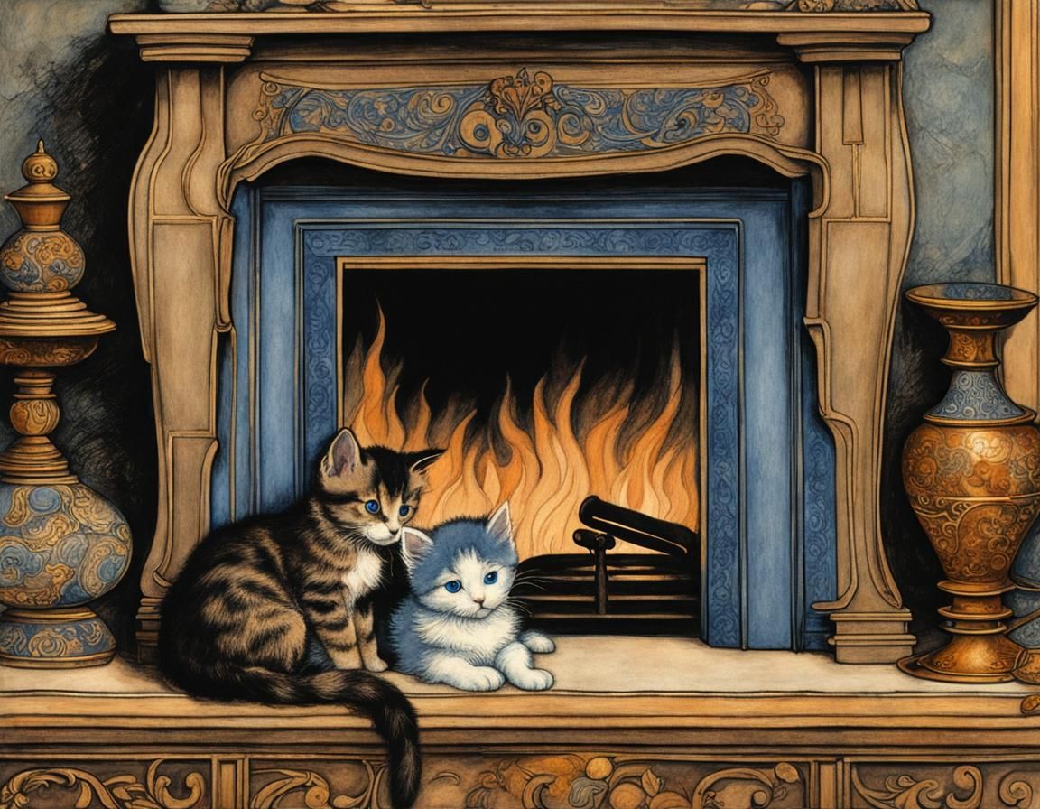 Puppy and kitten cuddling each other by the fireplace