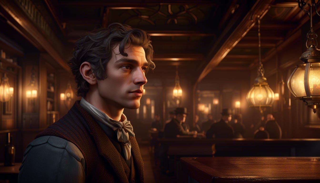 Emmett, handsome young man in a Victorian tavern, mysterious...