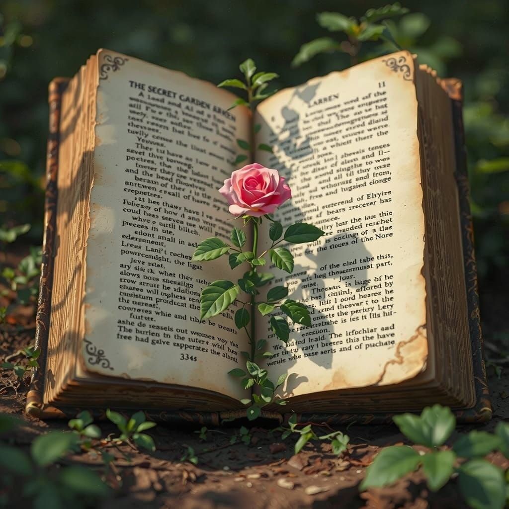 Plants in hidden places, a tiny rose bush ( hidden inside ) the pages of an antique copy of a book, The Secret Garden trending on Artstation...