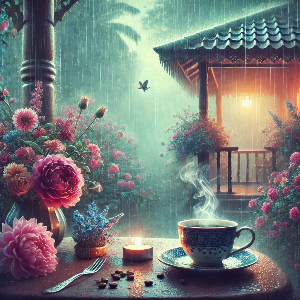 Hot coffee in rainy day