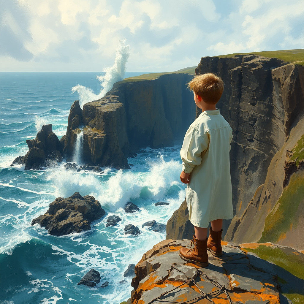 Boy Gazing at Stormy Sea, Romanticism Style