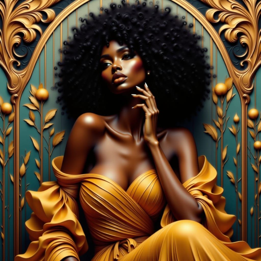 <lora:Manga Gothica:1.0> Manga elegance, <lora:Looped In Silk:1.0>, Movie poster quality, cinematic, portrait of an elegant Black woman in f...