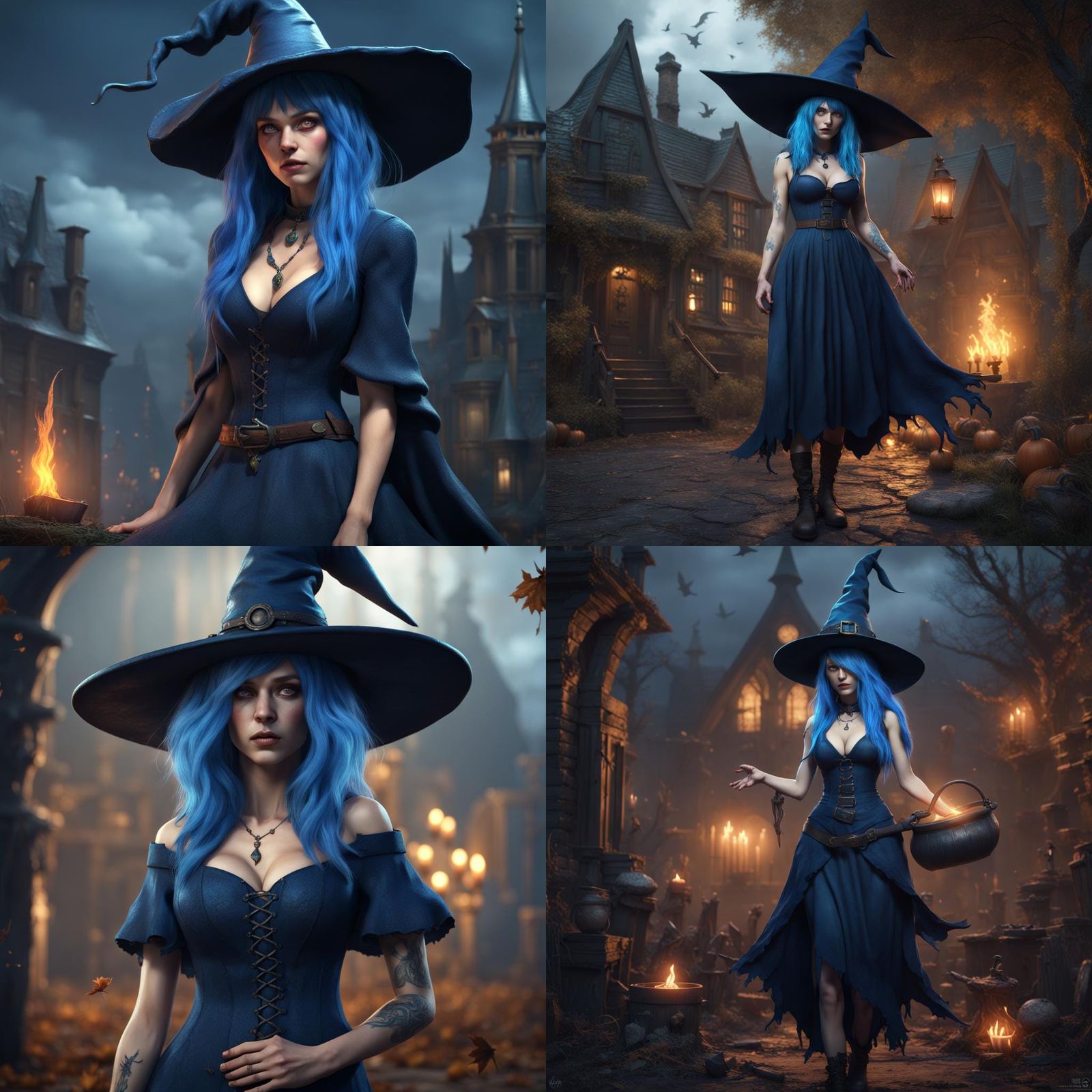 A blue haired witch in a short and tattered navy blue dress ...
