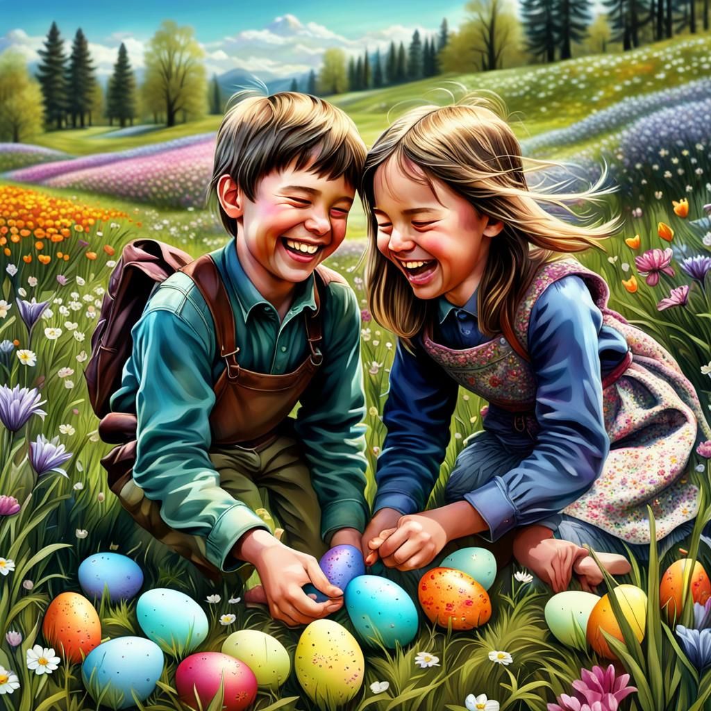a boy and a girl laughing and hunting colorful eggs in a meadow of spring flowers intricate details, ...  by @Patsy 