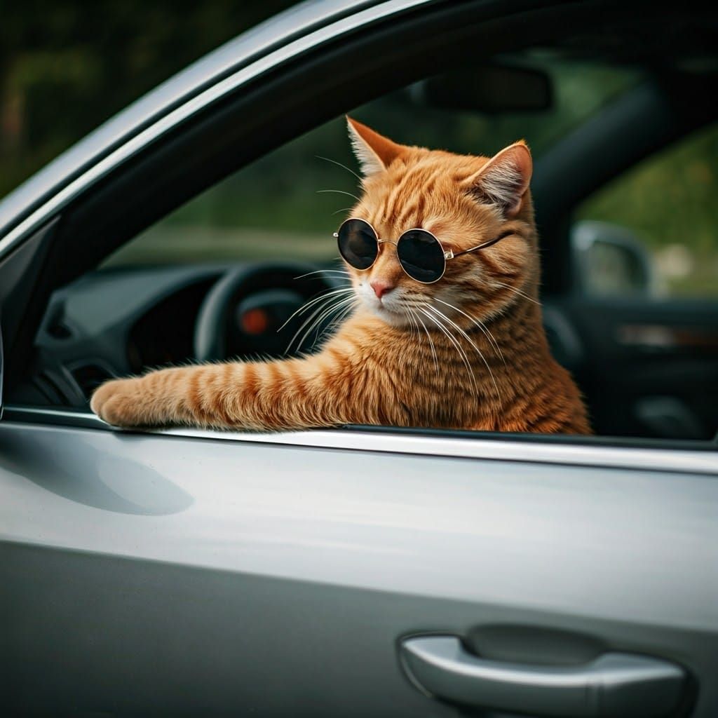 Red Cat Driving a Car in Fashion Photography Style
