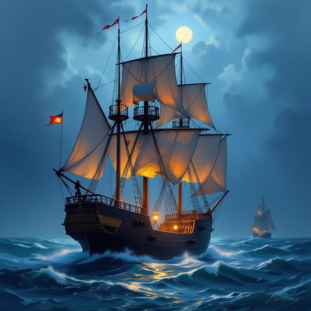 A majestic sailing ship with intricate rigging and billowing sails, navigating through a tempestuous sea under a dramatic, storm-laden sky.