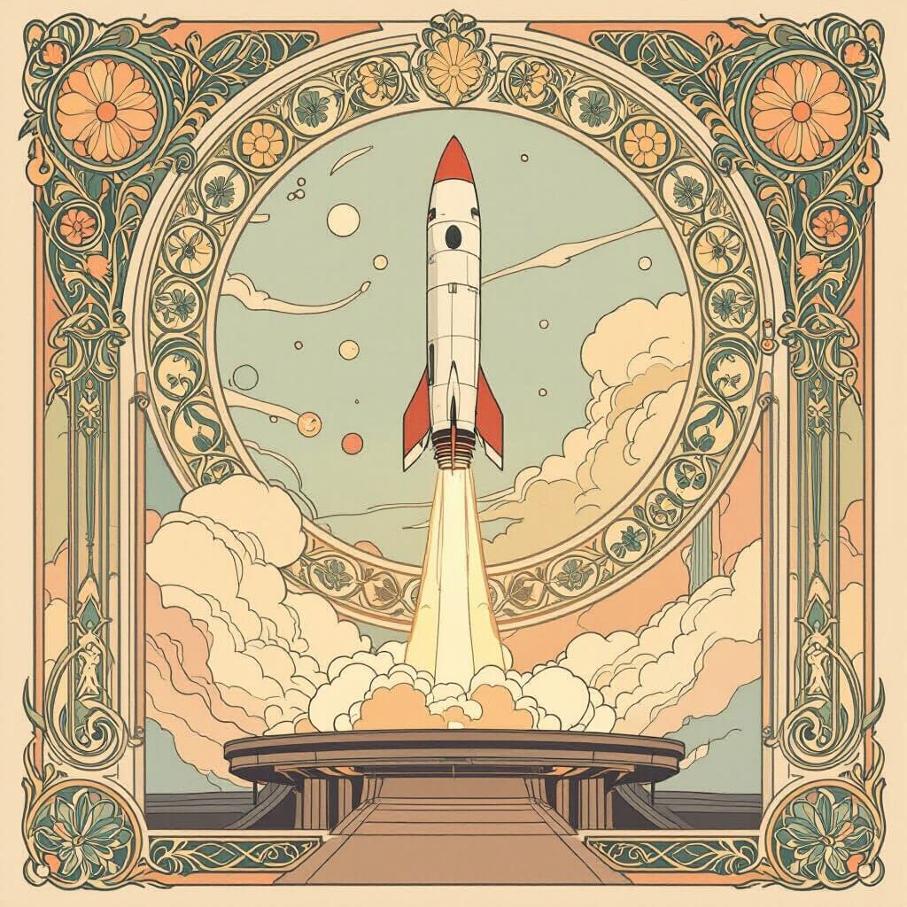 Art Nouveau Rocket Launch: Alphonse Mucha Style