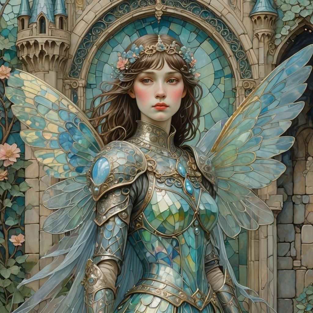 art nouveau, fairy warrior in armor with opal iridescent gossamer wings with a a fairytale castle in the background, style of edward gorey a...