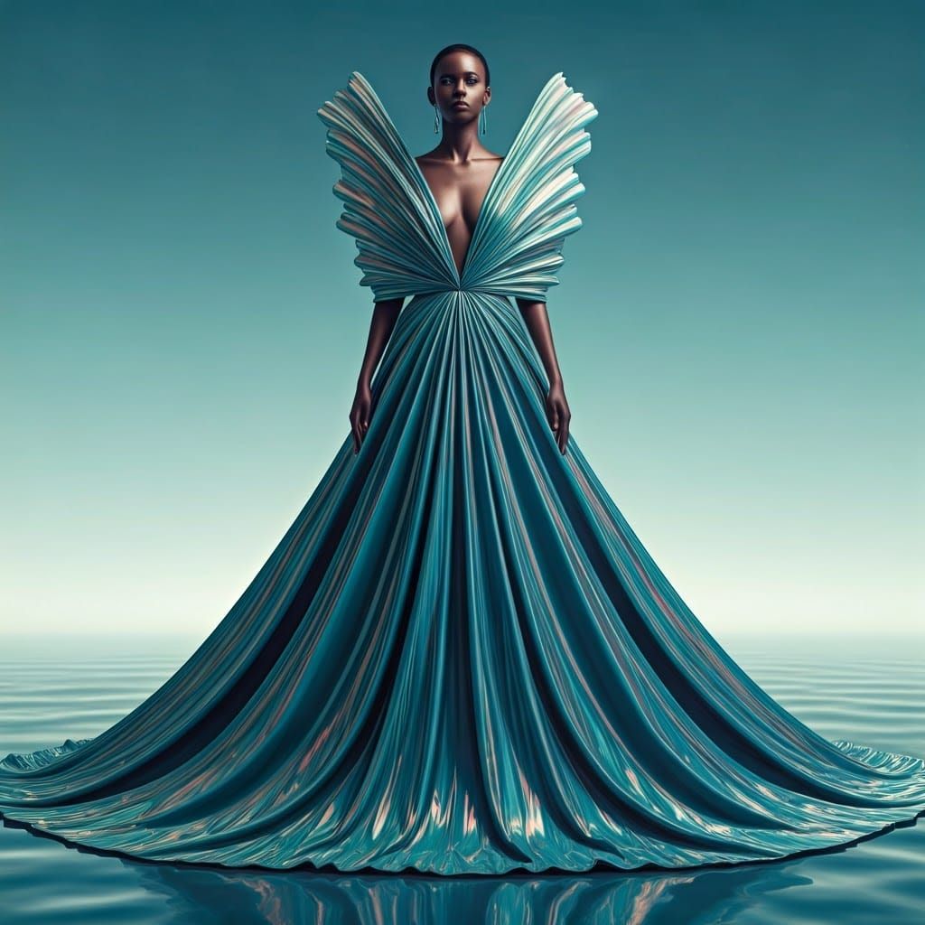 HIGHLY DETAILED IMAGE OF A FASHION MODEL DRESSED IN A Flowin...