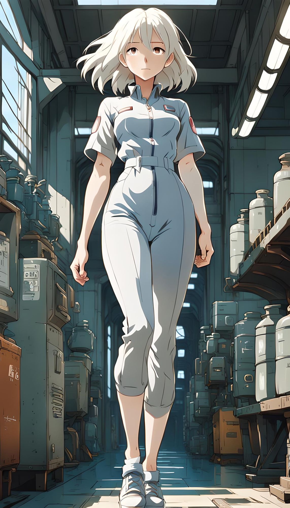 Beautiful depot albino young woman tight jumpsuit gray, full body, royal taller, cutest legs, lovely chest