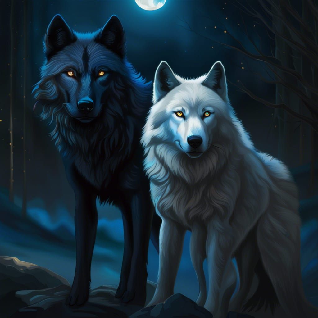 A white wolf with blue eyes standing with a larger black wol...