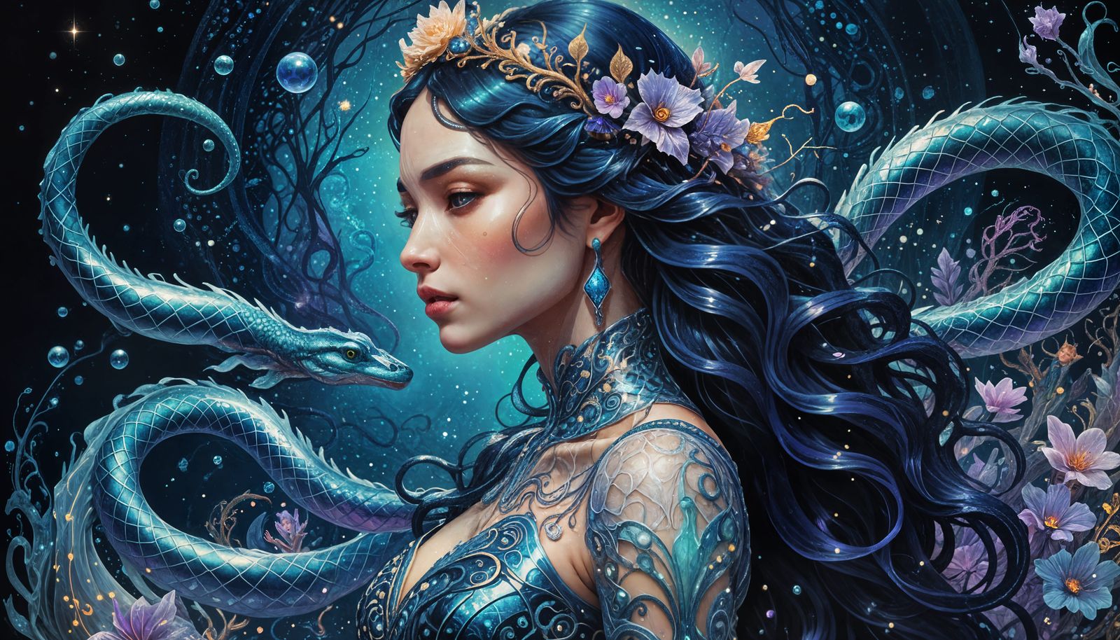 Enchanting Girl with Cosmic Serpent in Translucent Water Dre...