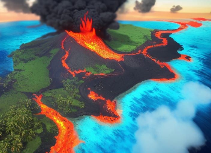 Earthly island with fiery lava flowing into the blue ocean, ...