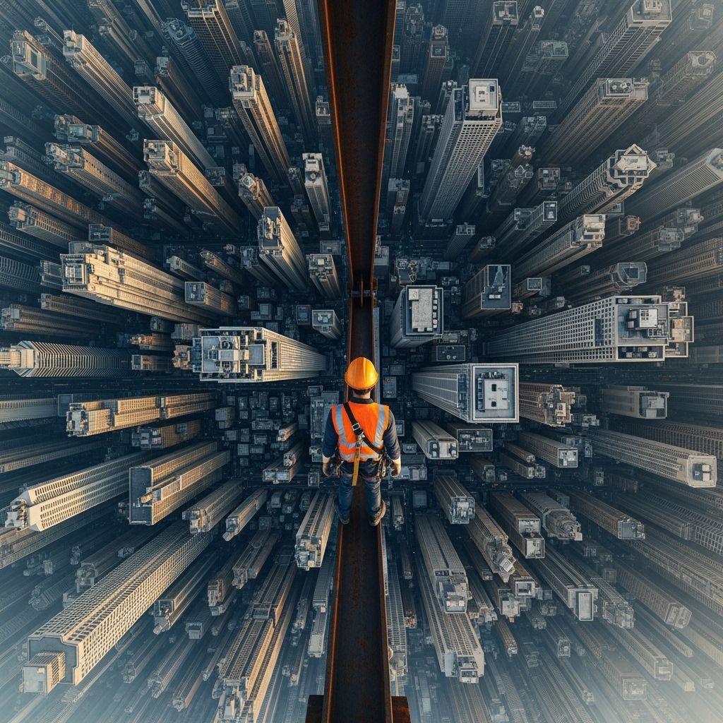 A dramatic high-angle view from atop a narrow steel beam at a construction site, looking straight down ...  by @Wildflowers77 