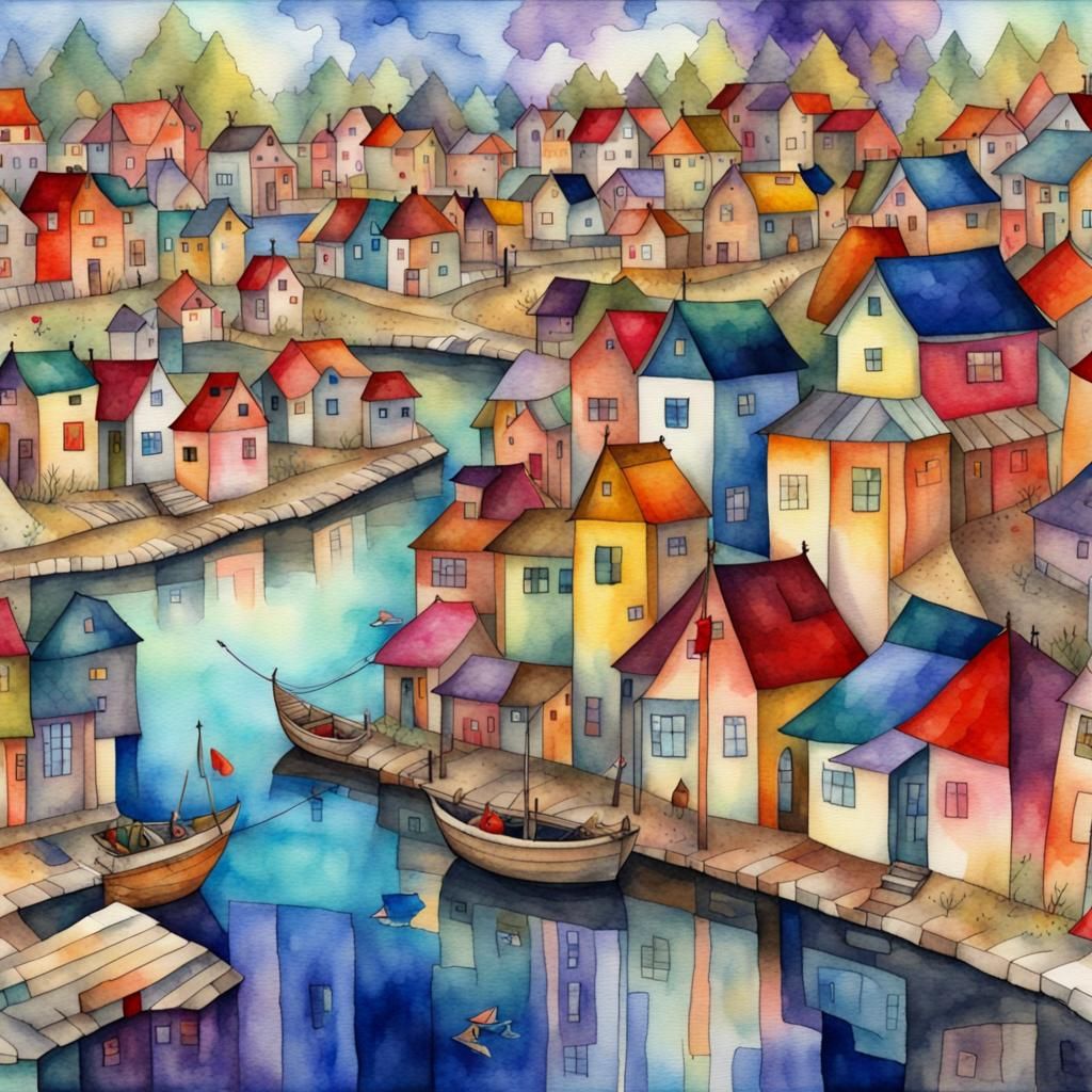 Gorgeous watercolor patchwork, fantasy fisher's village, fantastic, no corners, Kandinsky dot line drawing, ...  by @MothersHeart