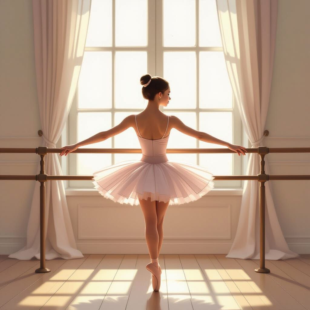 Ballerina Stretching in Bright Studio, Art Nouveau Style