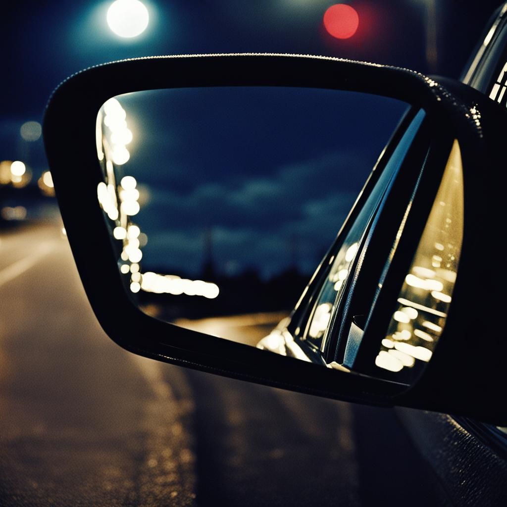 /imagine prompt: A car side mirror reflect the darkness of t...
