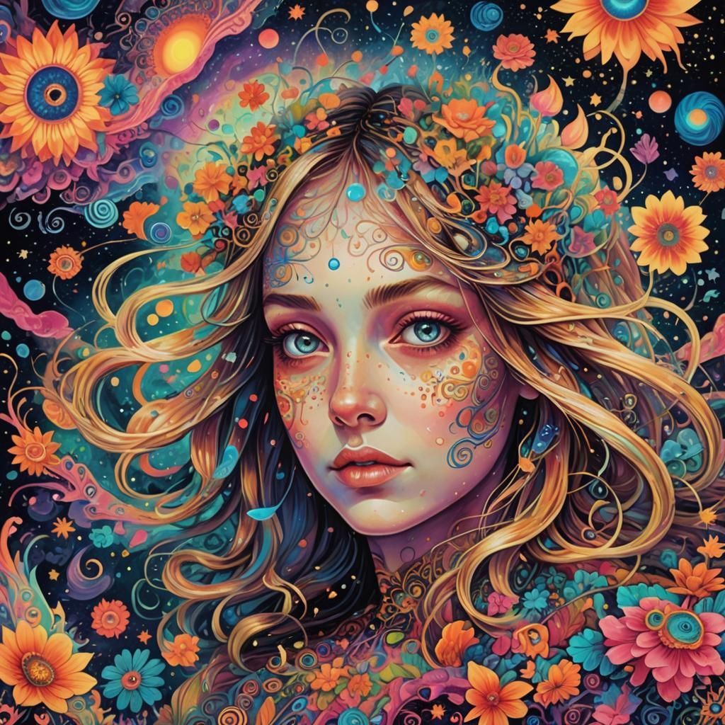 Psychedelic Alice in Astral Dreamscape: Digital Illustration