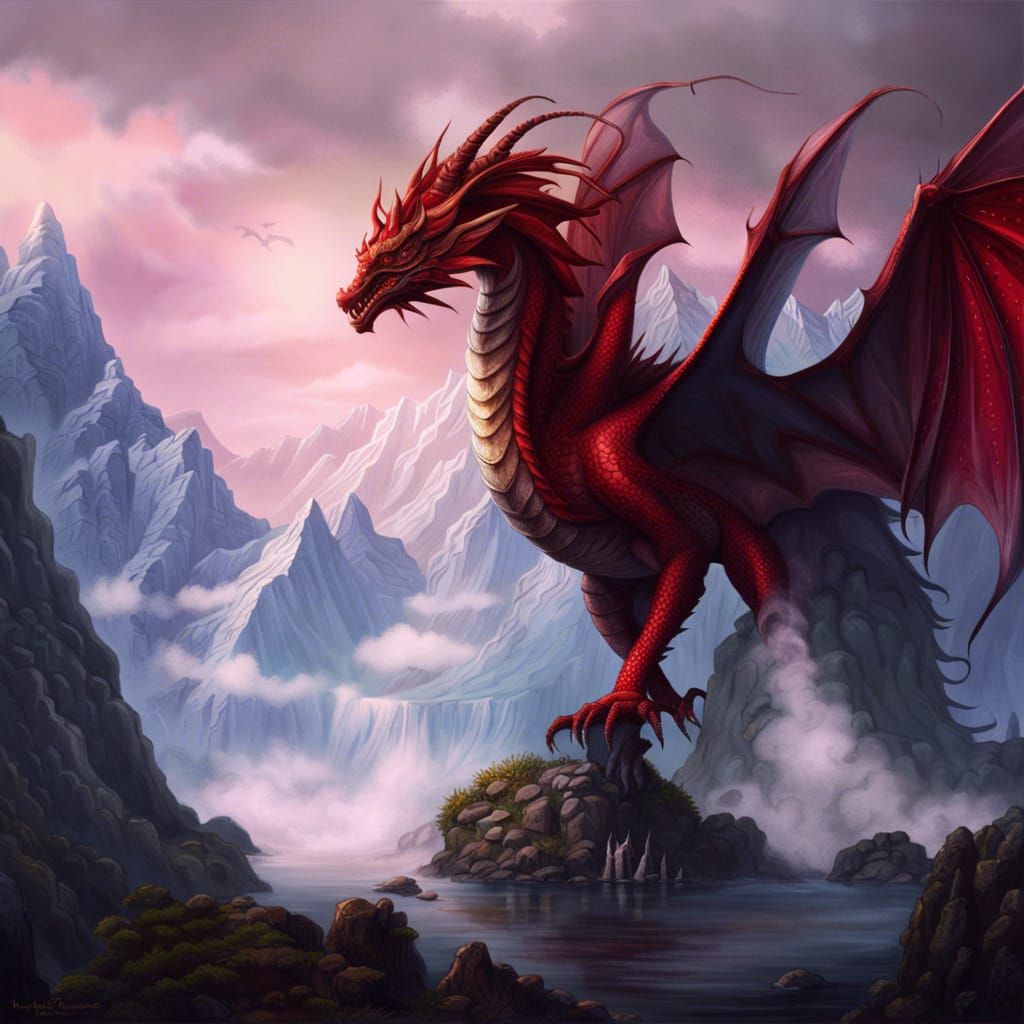 Centric Character Illustration; Mythical Dragon, Dark Red Sc...