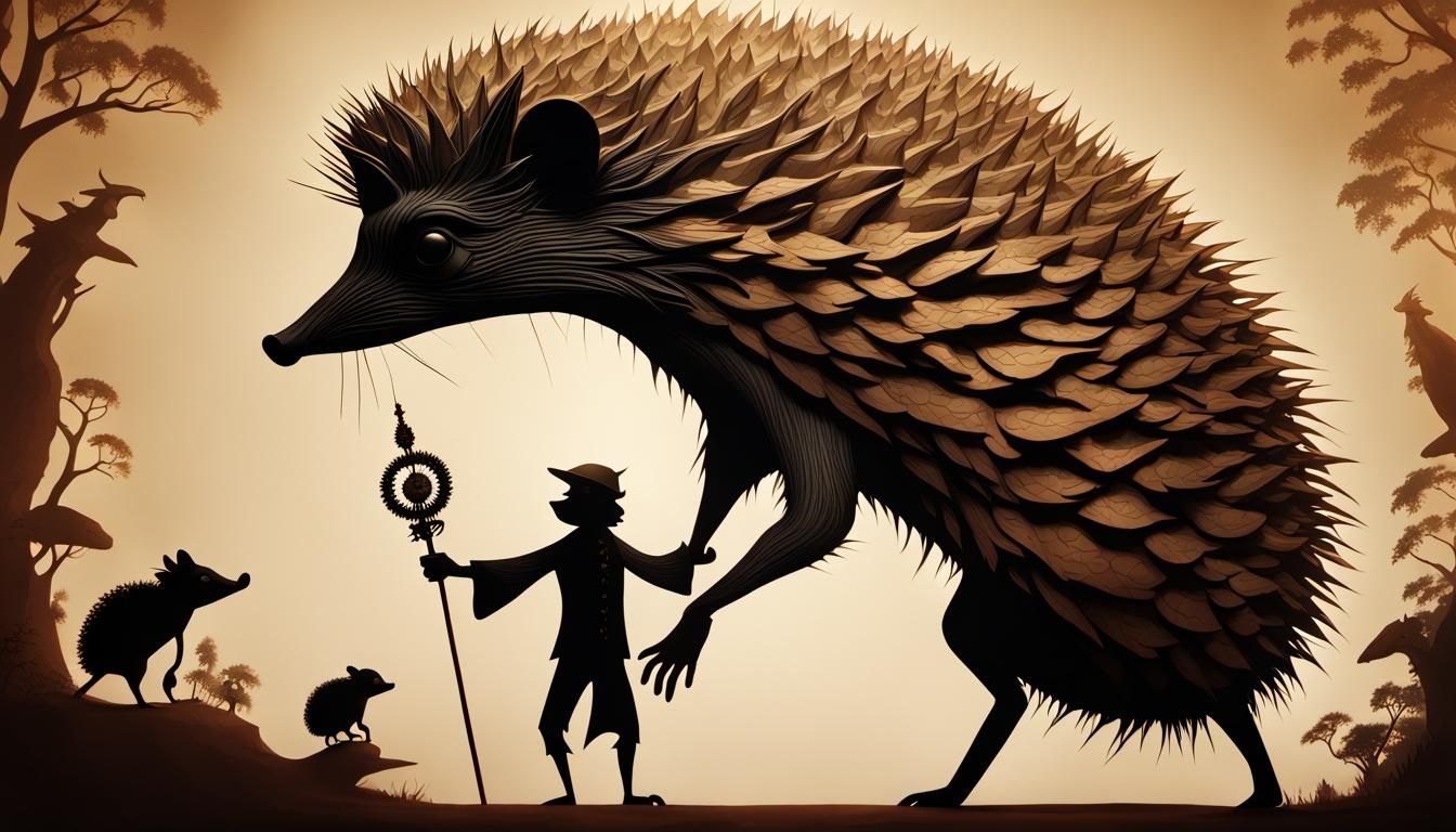 Hedgehog man. Golden Ratio, silhouette animation. Wayang shadow puppets