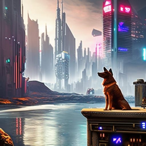 Dog in a cyberpunk world