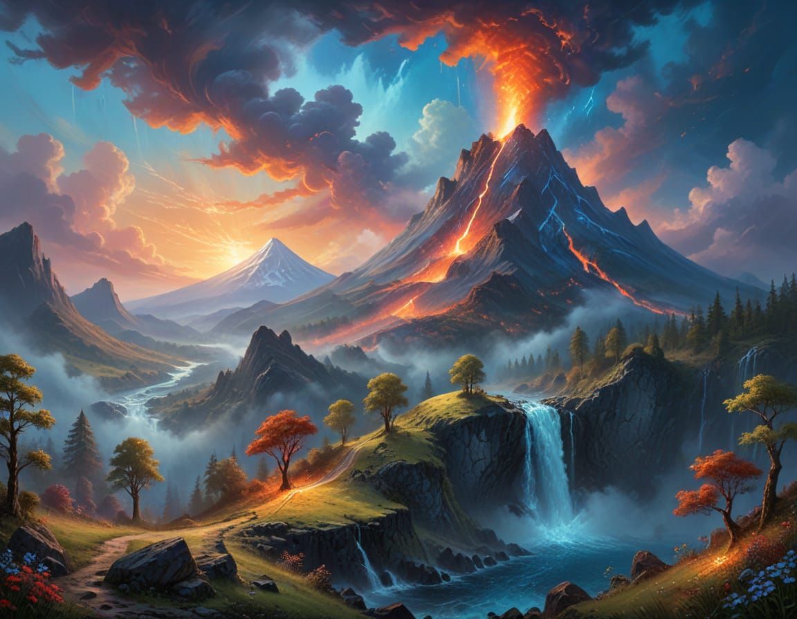 A highly detailed fantasy painting of an erupting volcano with colorful smoke sparkles, the mountain is very high, and the smoke and "lava" ...