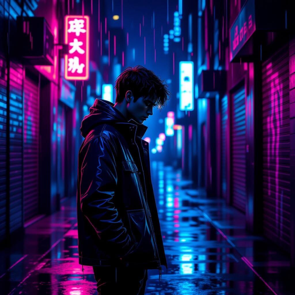 Sad Man in Neon Alleyway: Cyberpunk Concept Art