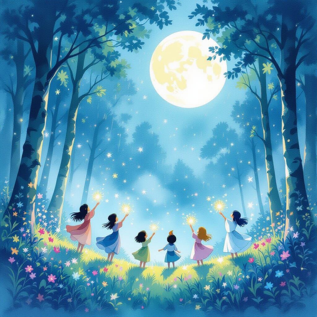 Colorful Sprites Dancing in Ethereal Watercolor Forest