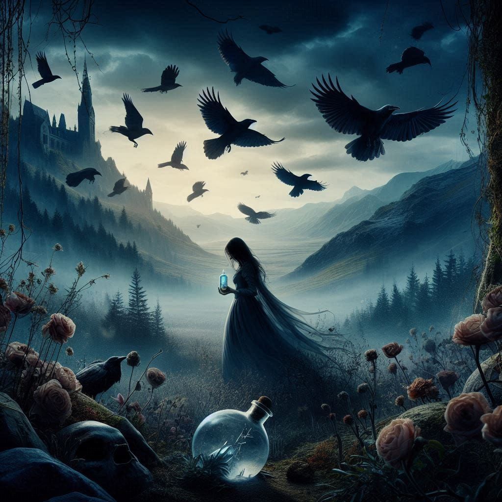 🐦‍⬛ a Brothers Grimm-inspired scene, from "The Seven Ravens," gothic and haunting style