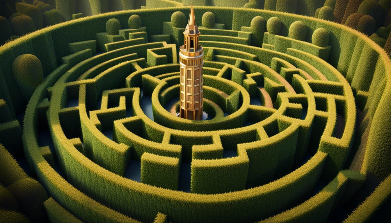 A large hedge maze with a golden tower in the centre - AI Generated ...