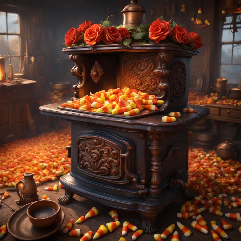 potbelly stove filled with candy corn and roses