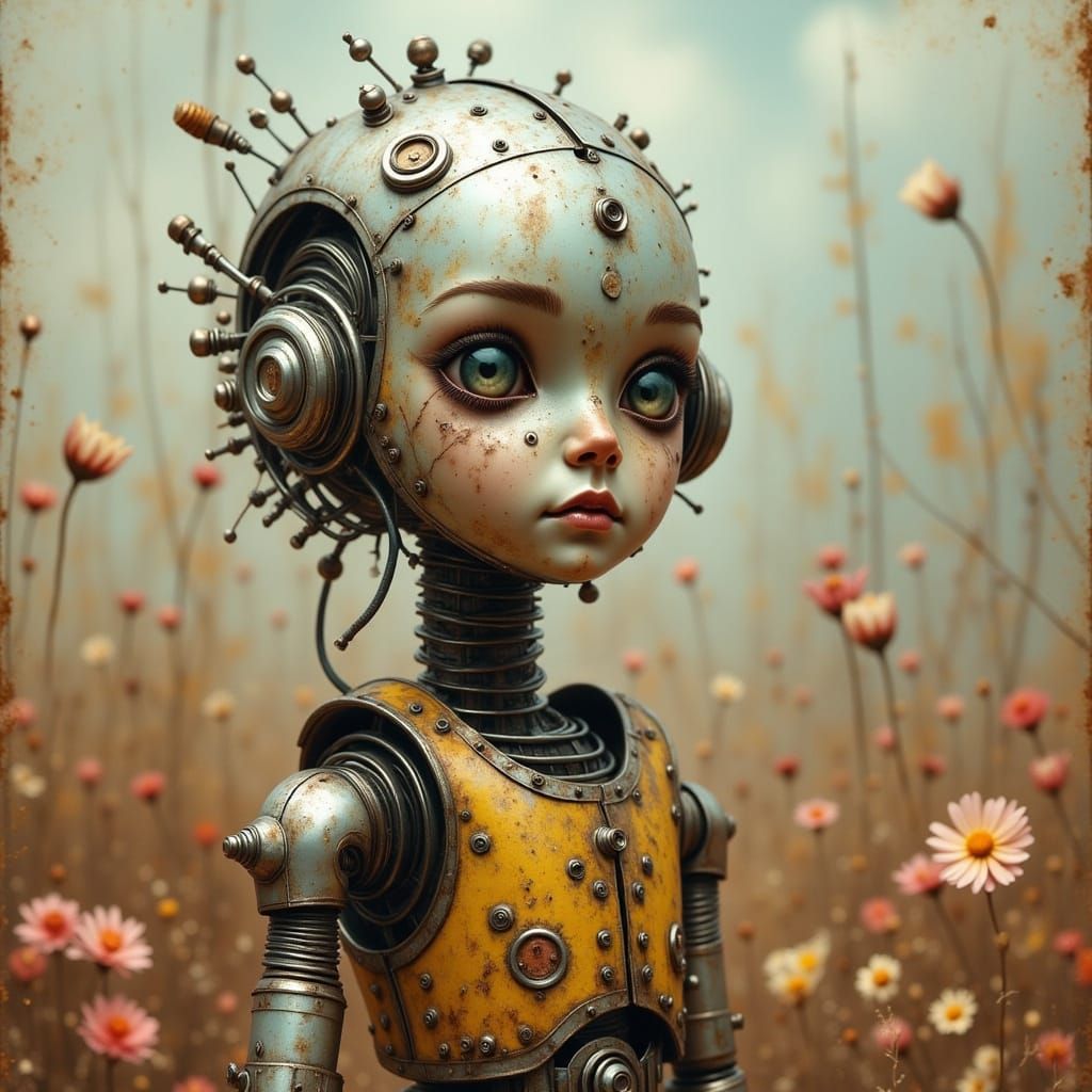 Past meets future - Rusted Android Child in Dreamlike Landsc...