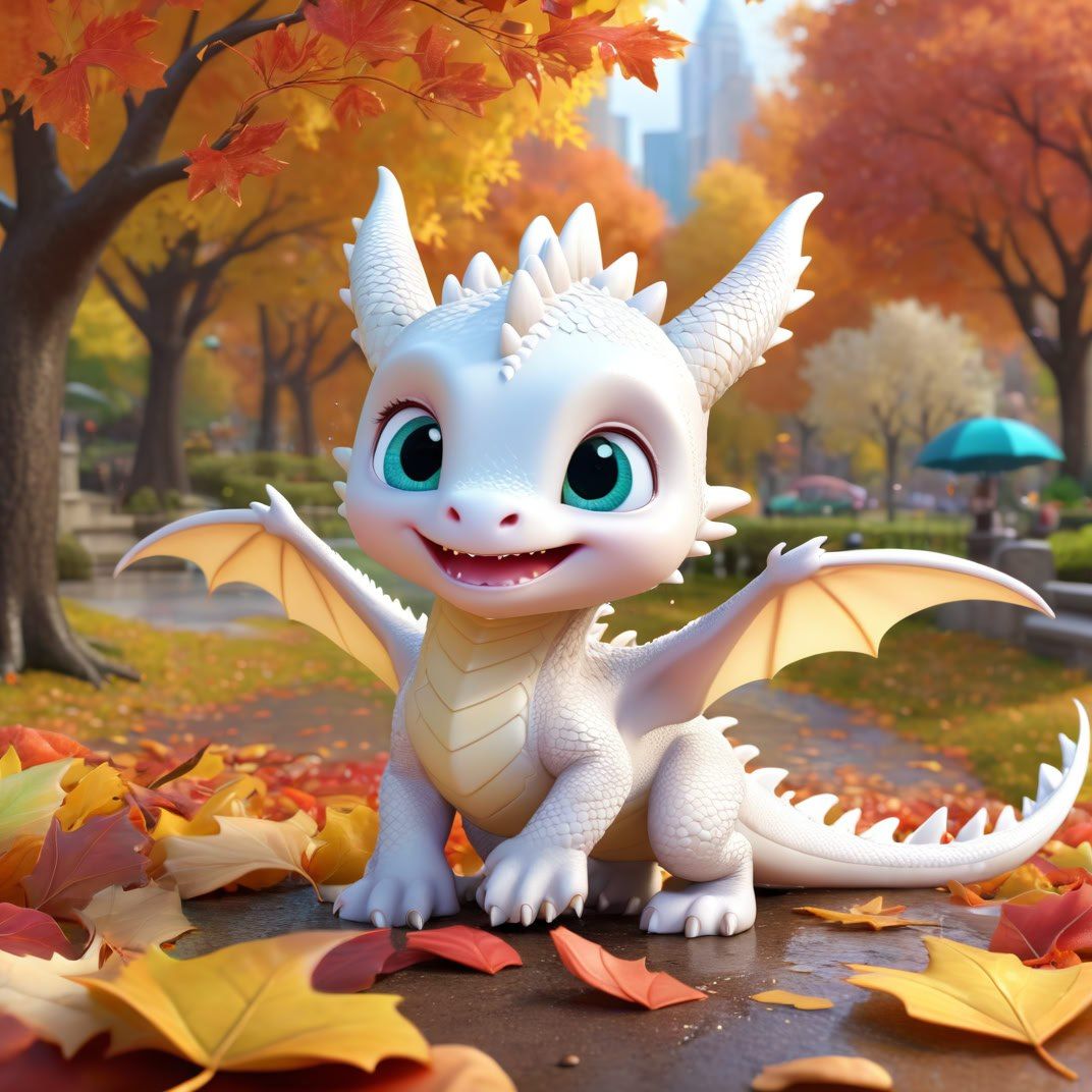 A baby dragon with large green eyes and pale white scales is...