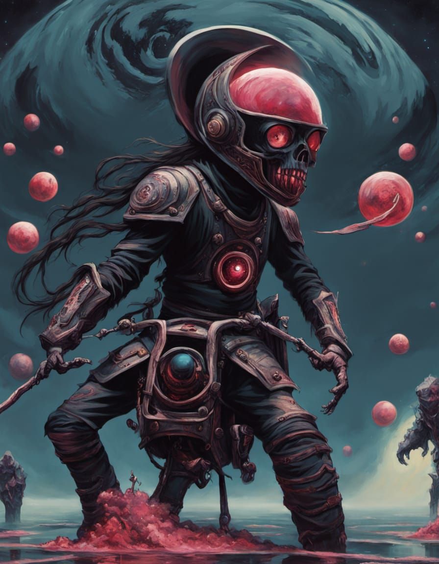 An ancient, obsidian oyster shell, cracked open to reveal a luminous, pulsating pearl, floats in the void of deep space. Tendrils of dark, e...