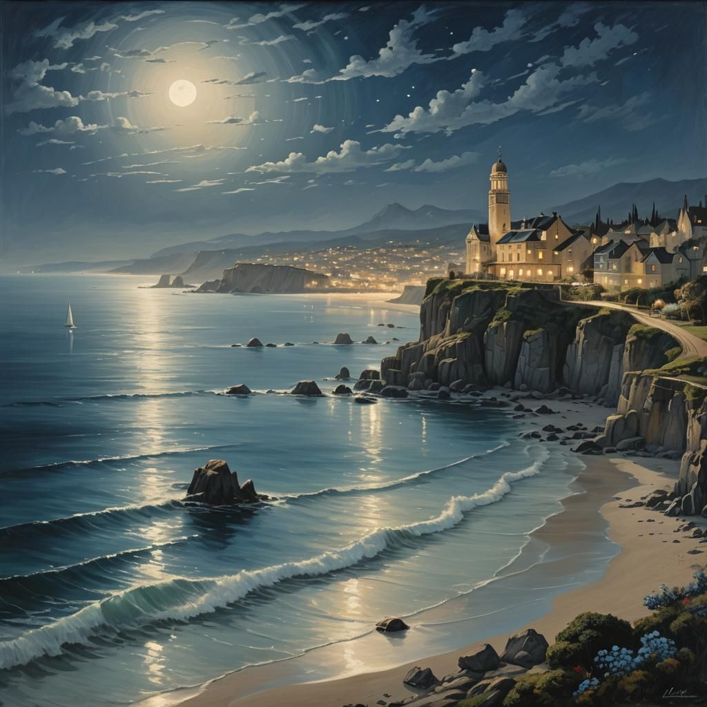 "Coastal cityscape under a full moon that casts a silvery gl...