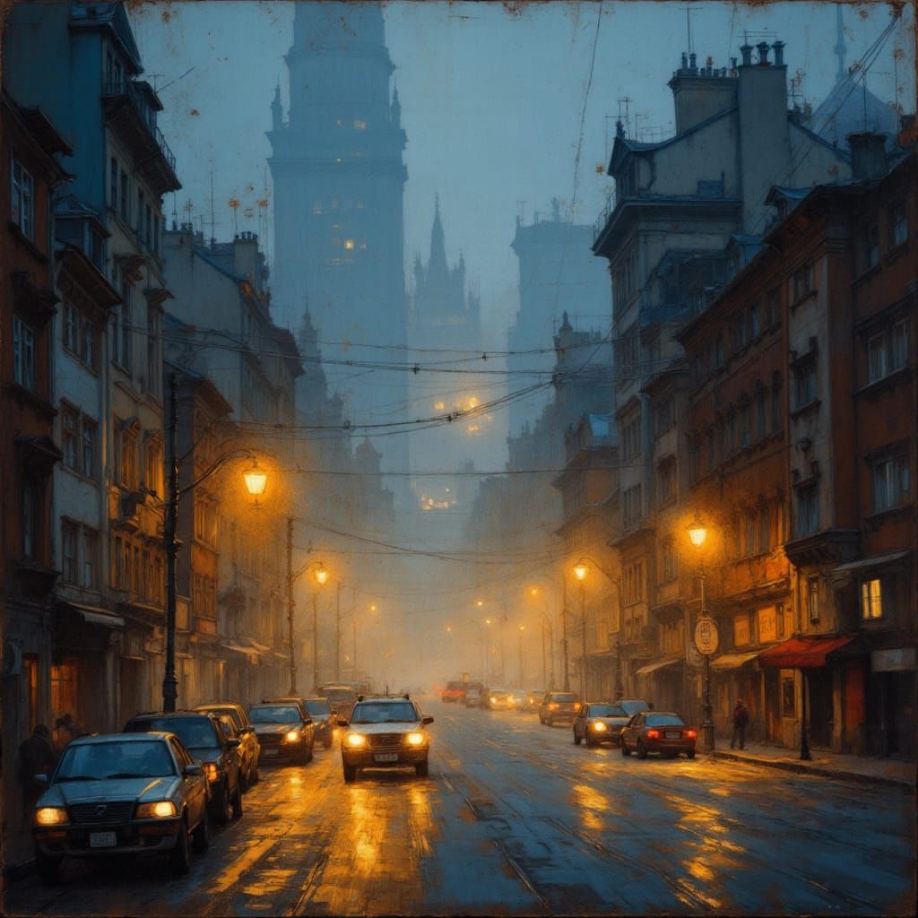 Cityscape at Dusk in Soft, Glowing Impressionistic Style