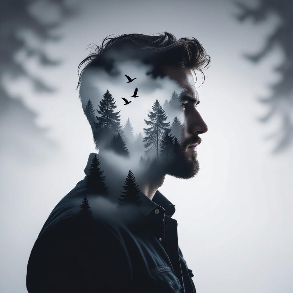 Surreal Double Exposure Man with Forest Silhouette