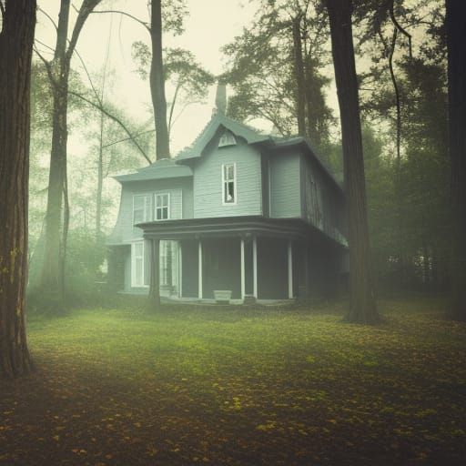 Spooky house in the woods near the bay