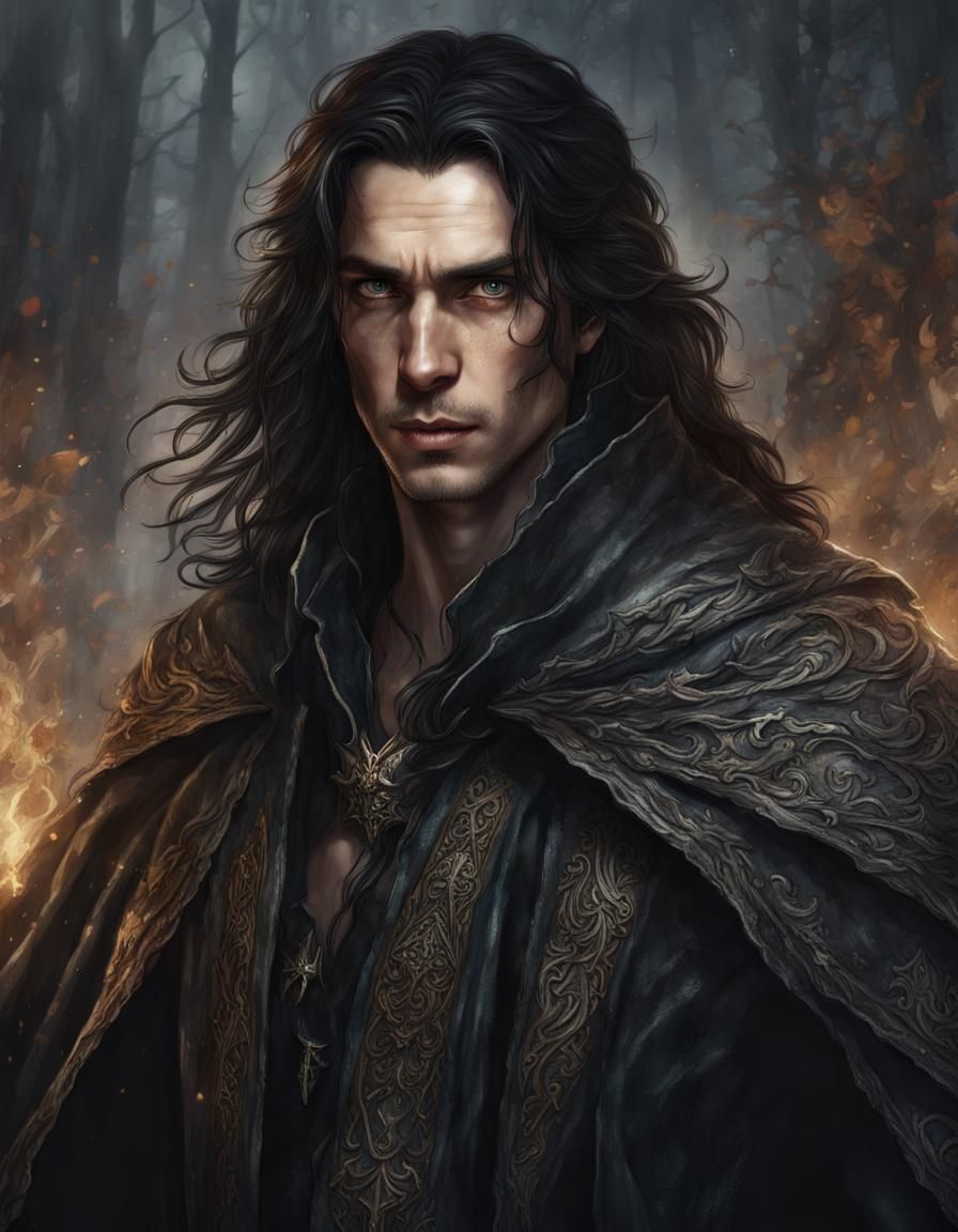 A 24 Year Old Dark Haired Male High-elf Sorcerer. Wearing A Tattered 