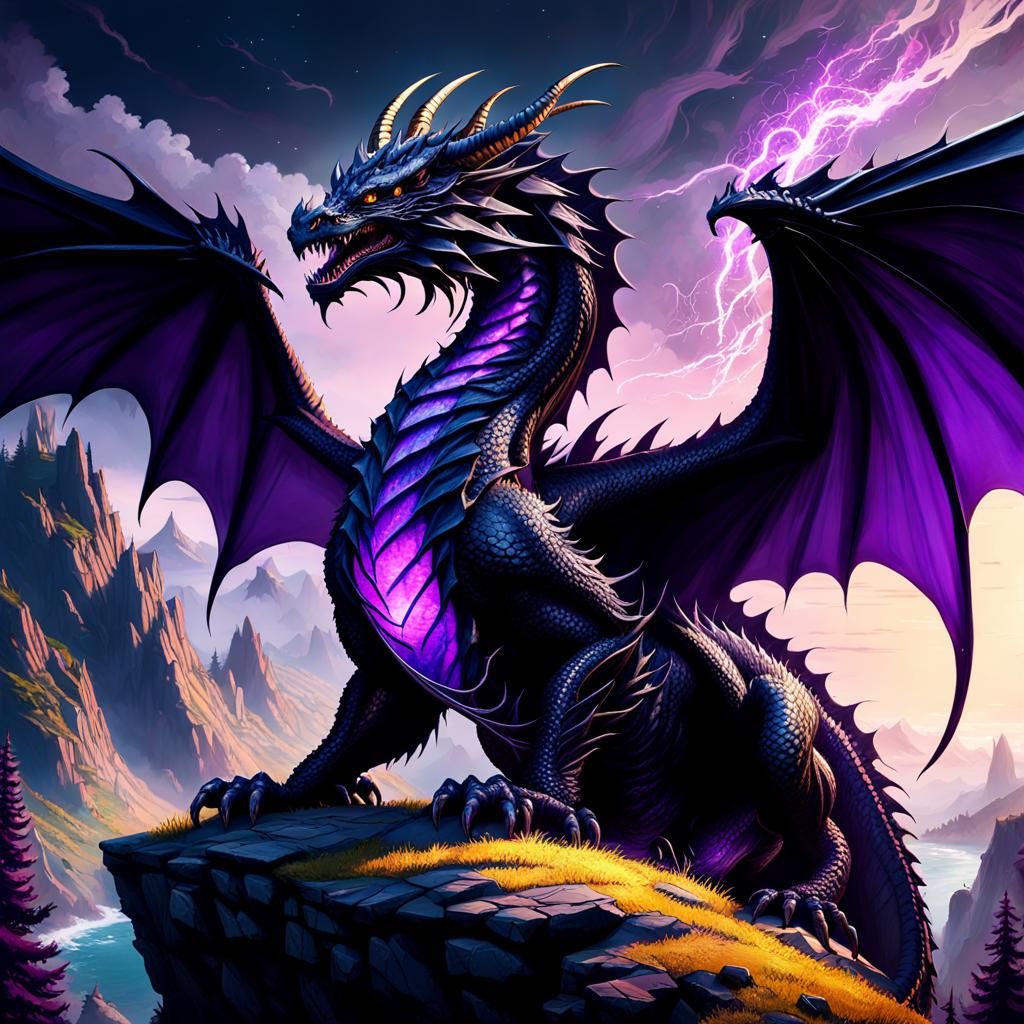 Big Black Fierce Dragon , Sat On A Cliff Edge , Watching Over The Dark 