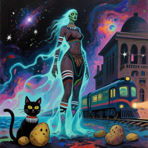 Abstract expressionism. A solitary, ethereal electric futuristic zombie-patrol with flowing-Zulu-cat and comic potatoes, standing amidst pun...