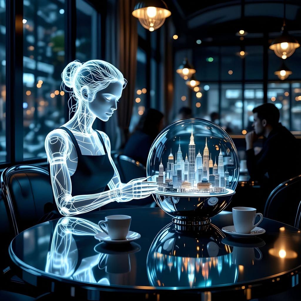 A silent night cafe where time is a physical, tangled web of glowing threads. A waitress, whose limbs are made of woven light, serves a cust...